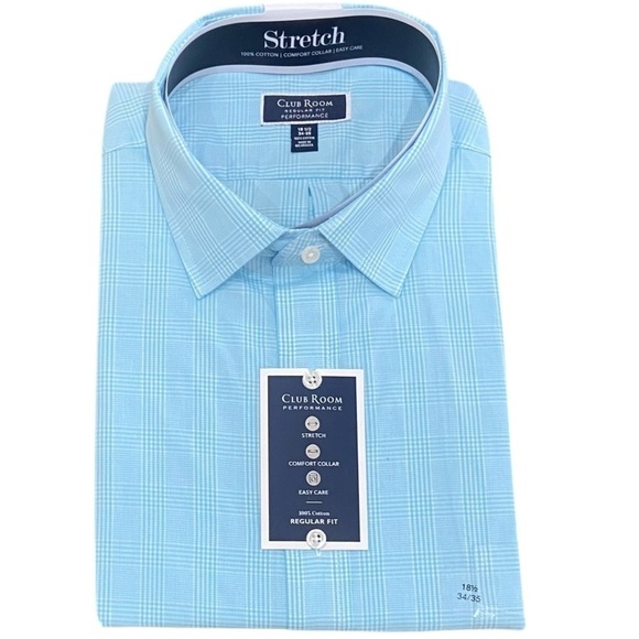 NWT Men’s Club Room Performance aqua check 100% cotton button down shirt 18.5 - Picture 1 of 5